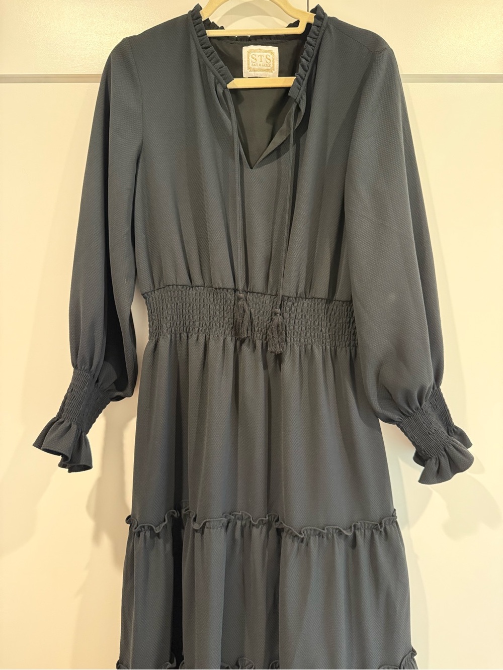Sail to Sable Slate Black Ruffle Tiered Long-Sleeve Midi Dress